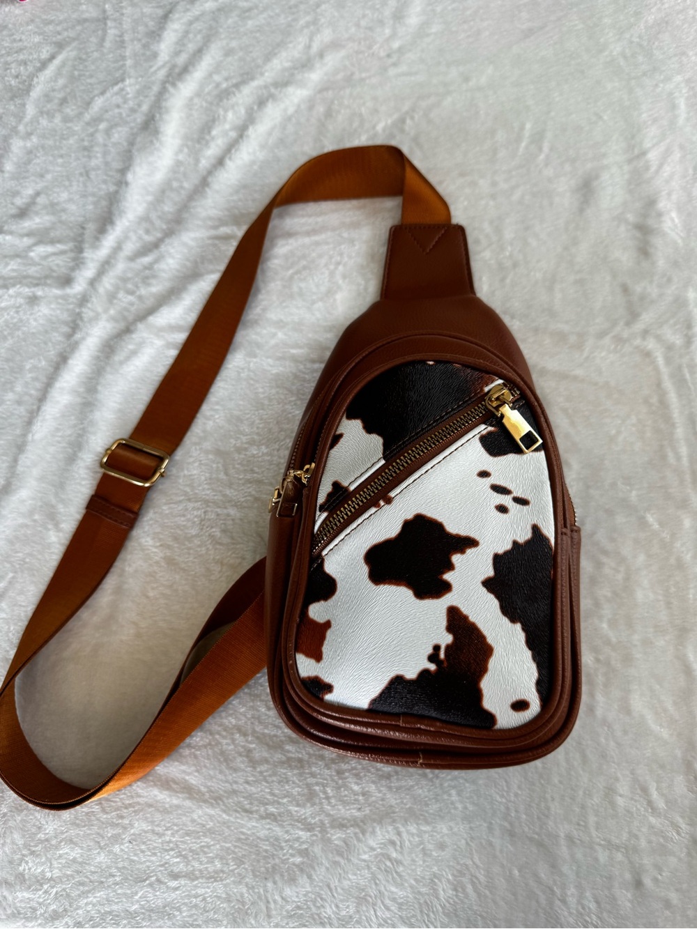 Cowhide-Pattern Brown Crossbody Sling Bag - Unbranded